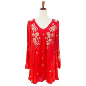 FREE PEOPLE Sweet Tennessee Boho Embroidered Long-Sleeve Dress in Red Combo XS